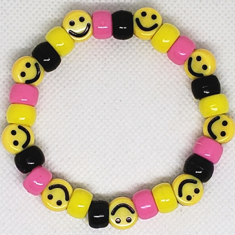 Handmade Yellow Black Pink Smiley Face kandi bracelet